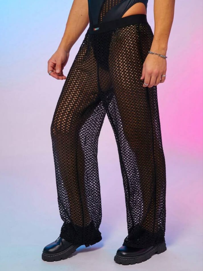 WILDFASHION Men's Wide-Leg Loose Fit Mesh Embroidered Trousers Lounge Pant